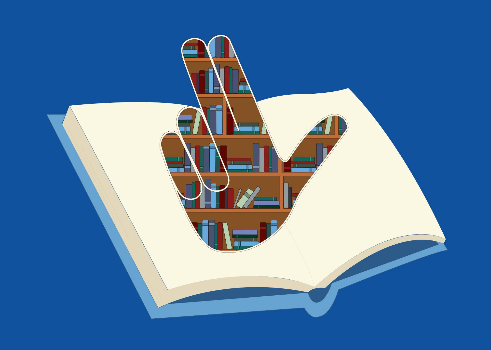 The Family Weekend 2019 logo. The "anchor up" hand sign made out of a bookshelf atop an illustration of an open book.